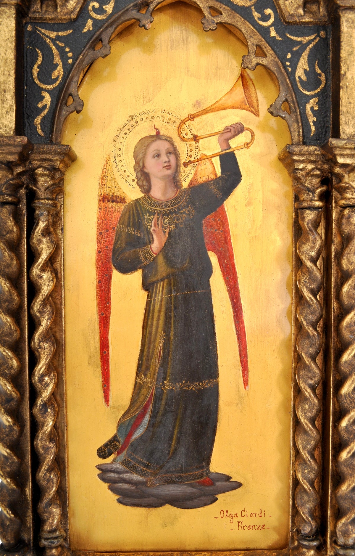 Pair of Antique 19th Century Italian Florentine Painted Gothic Renaissance Panels by Olga Ciardi, circa 1850