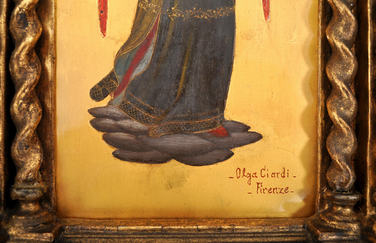 Pair of Antique 19th Century Italian Florentine Painted Gothic Renaissance Panels by Olga Ciardi, circa 1850