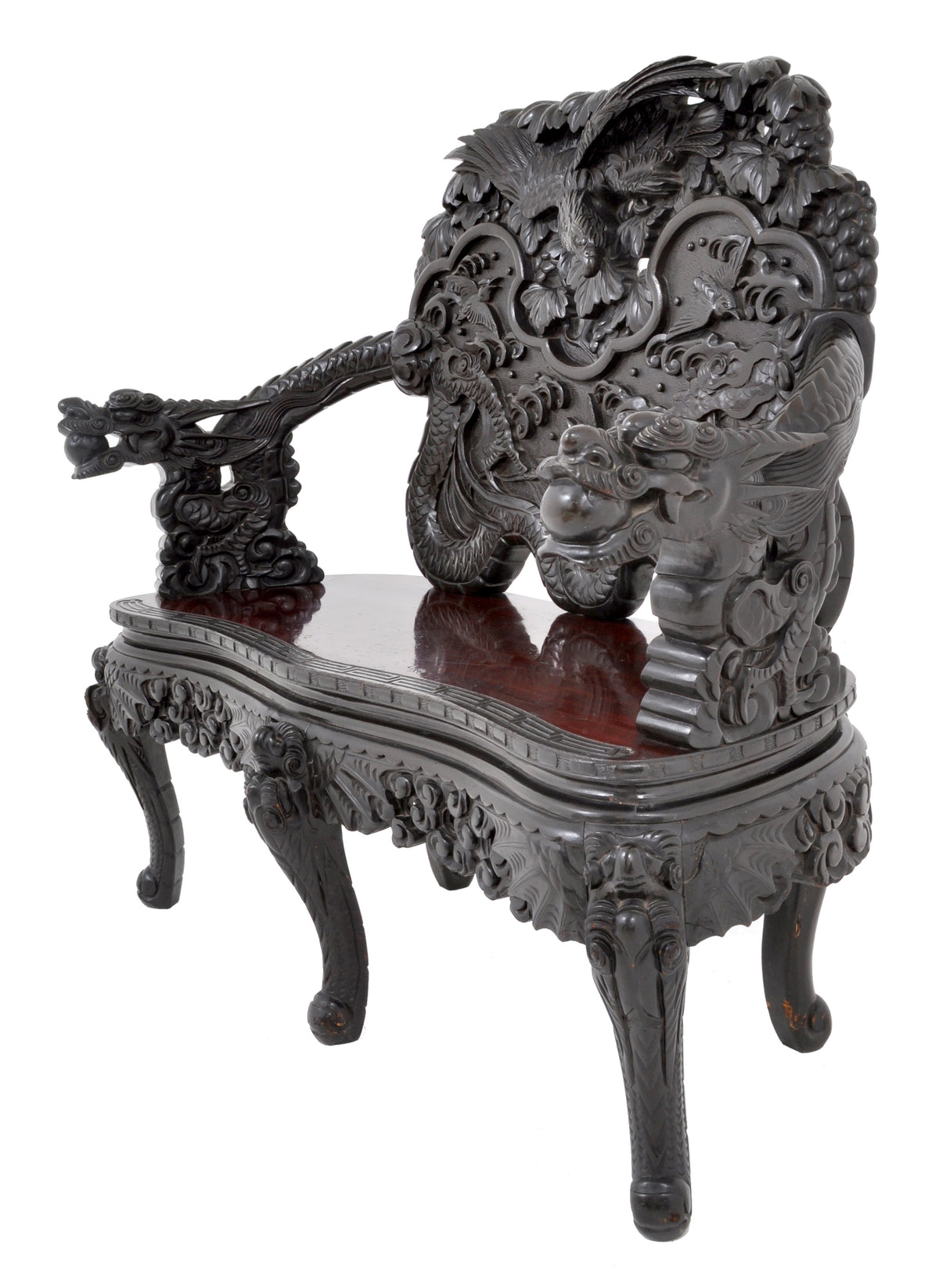 Antique Chinese Qing Dynasty Carved Rosewood Dragon Loveseat / Sofa / Bench, Circa 1890