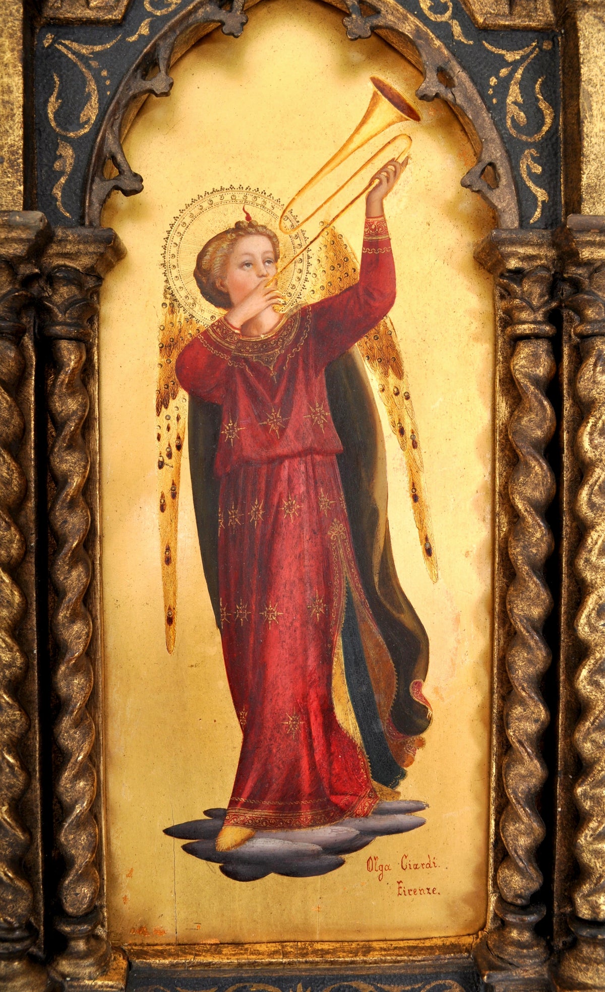 Pair of Antique 19th Century Italian Florentine Painted Gothic Renaissance Panels by Olga Ciardi, circa 1850