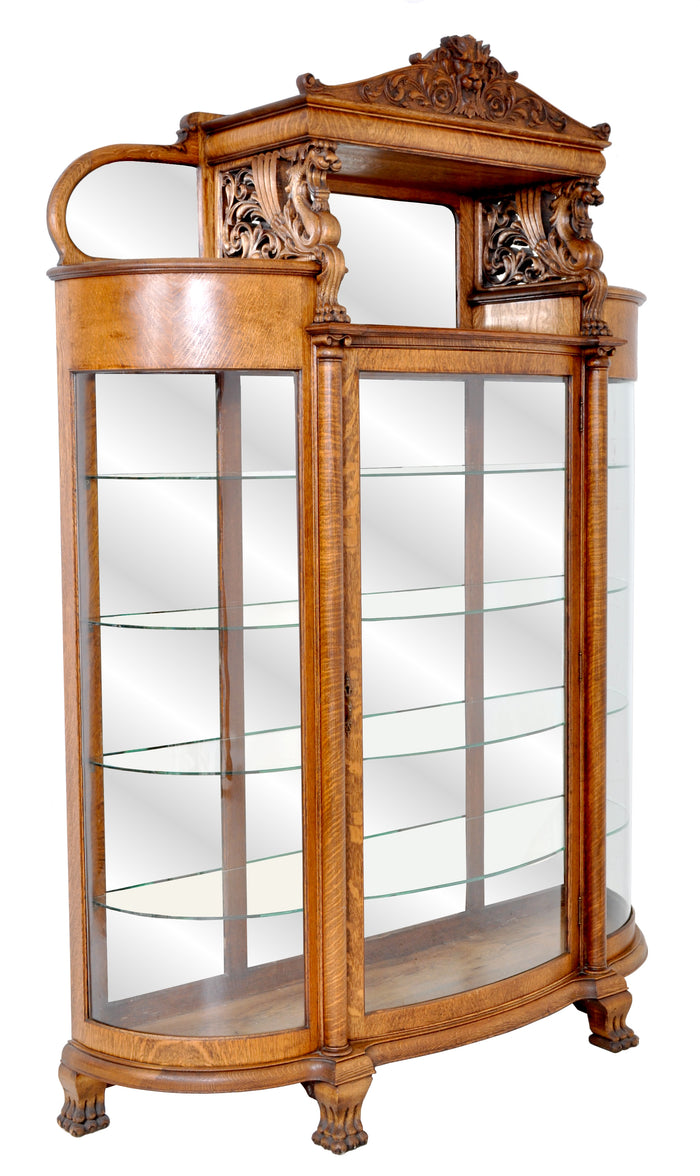 Antique American R. J. Horner Carved Oak Winged Griffin China Hutch / Cabinet, circa 1890