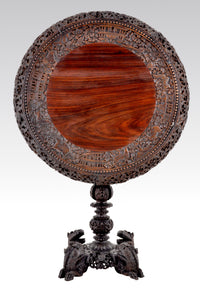 Antique 19th Century Anglo-Indian Carved Rosewood Tilt-Top Table, Circa 1870