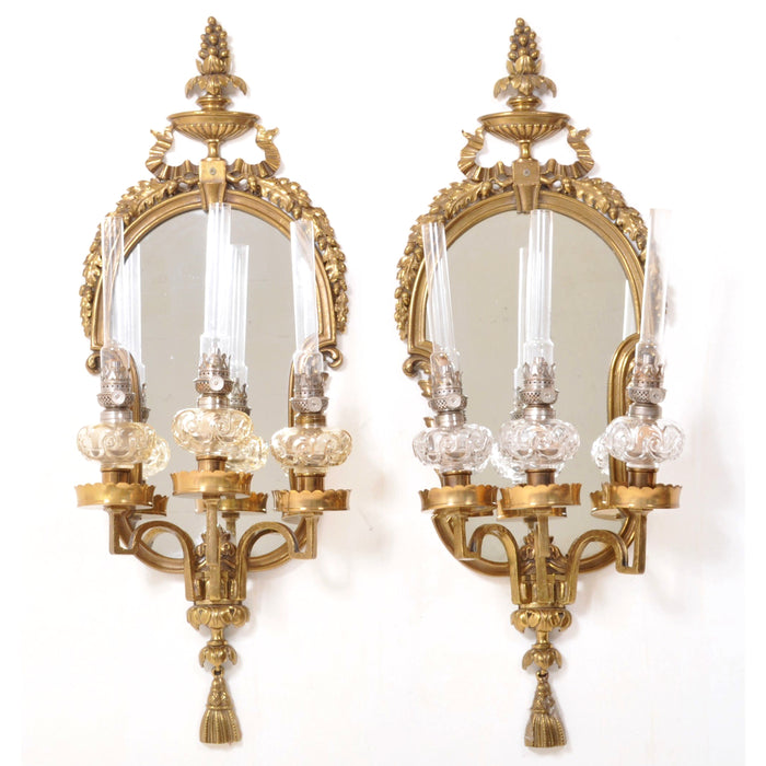 Pair of Fine Antique Gilded Brass Girondels/Wall Mirrors/Oil Lamps, Circa 1860