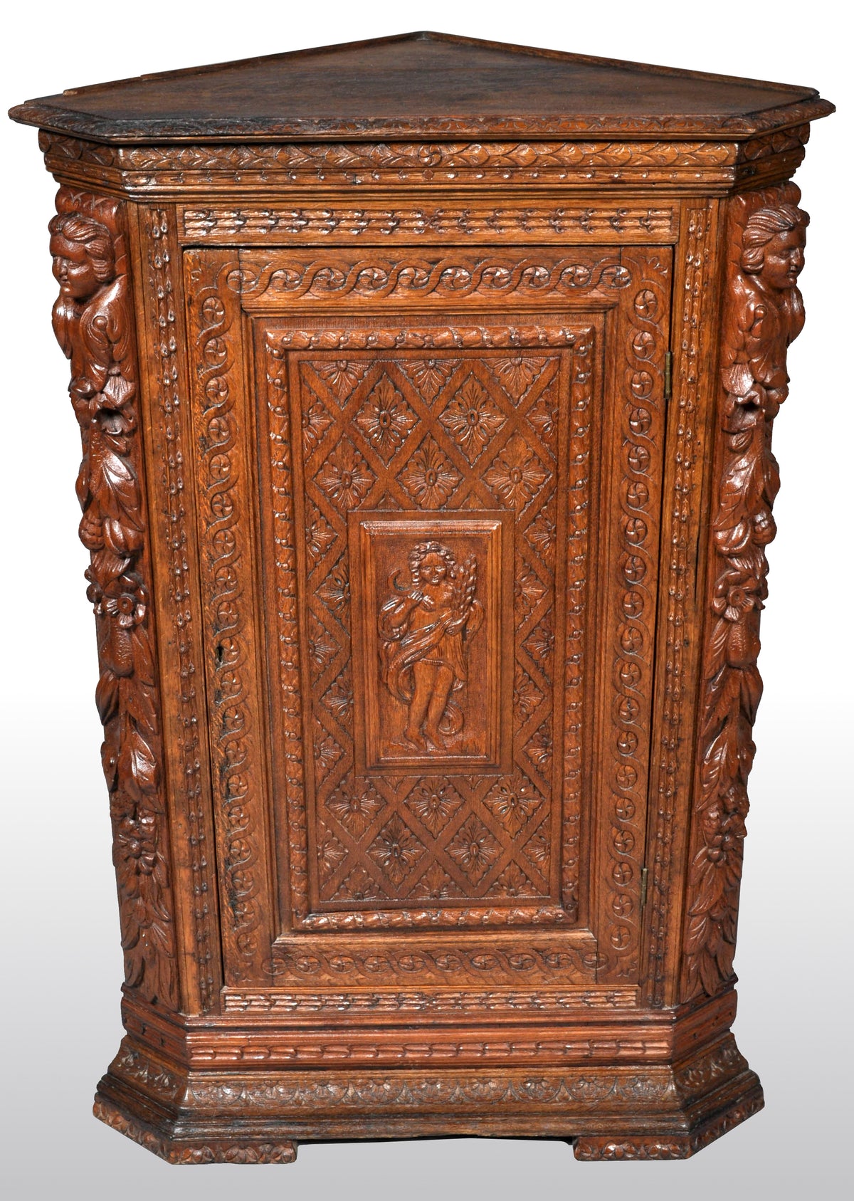 Antique French Baroque Carved Oak Corner Cabinet, circa 1780