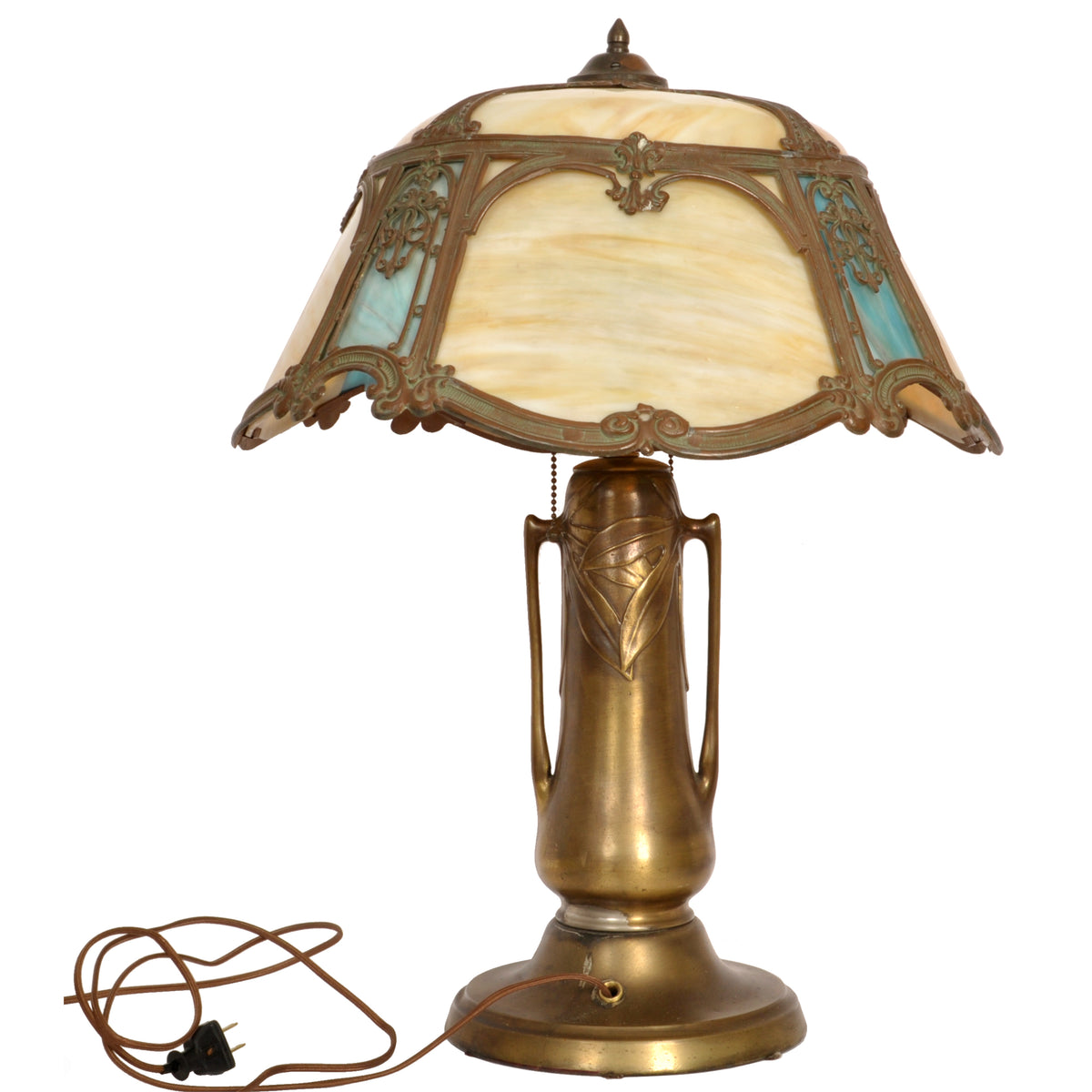 Antique American Art Nouveau Bronze & Slag Glass Table Lamp, circa 1910