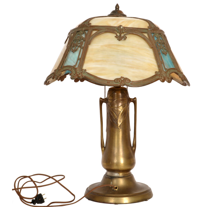 Antique American Art Nouveau Bronze & Slag Glass Table Lamp, circa 1910