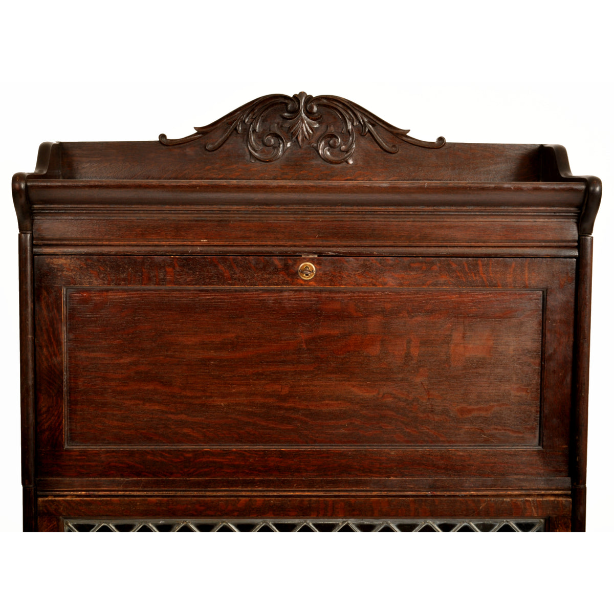 Antique Arts & Crafts Carved Oak Lawyer's / Barrister's Bookcase / Desk, Leaded Glass, circa 1900