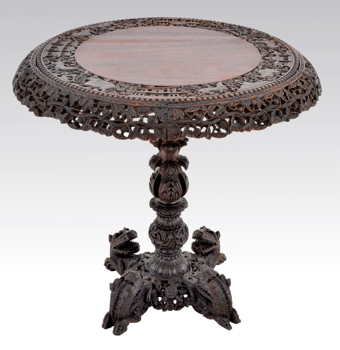Antique 19th Century Anglo-Indian Carved Rosewood Tilt-Top Table, Circa 1870