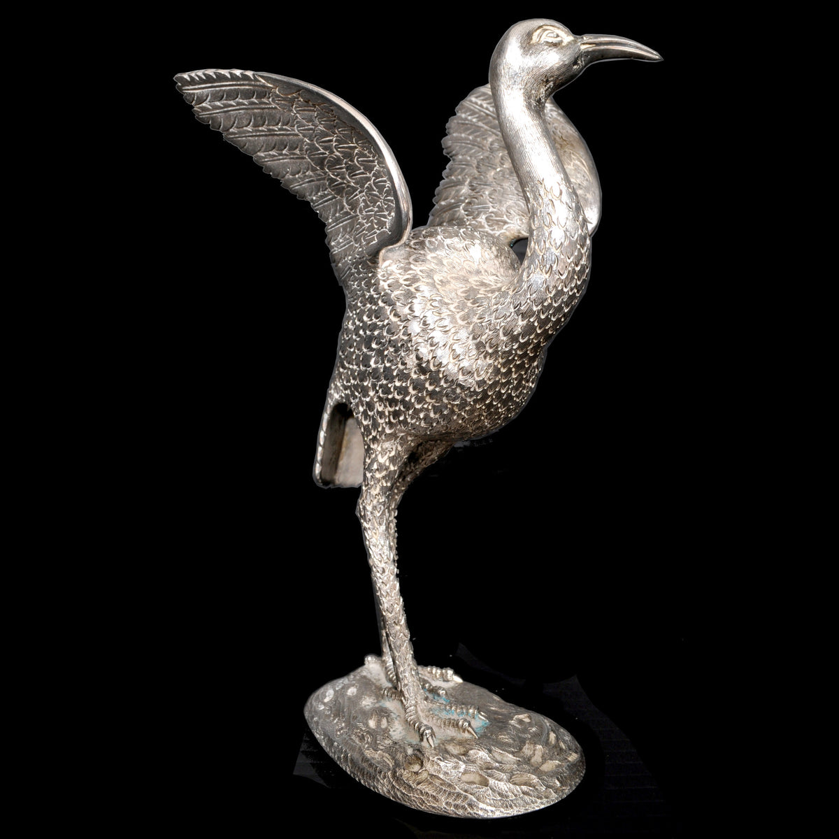 Antique Chinese Engraved Sterling Silver Bird / Heron Sculpture / Statue / Figure, circa 1920