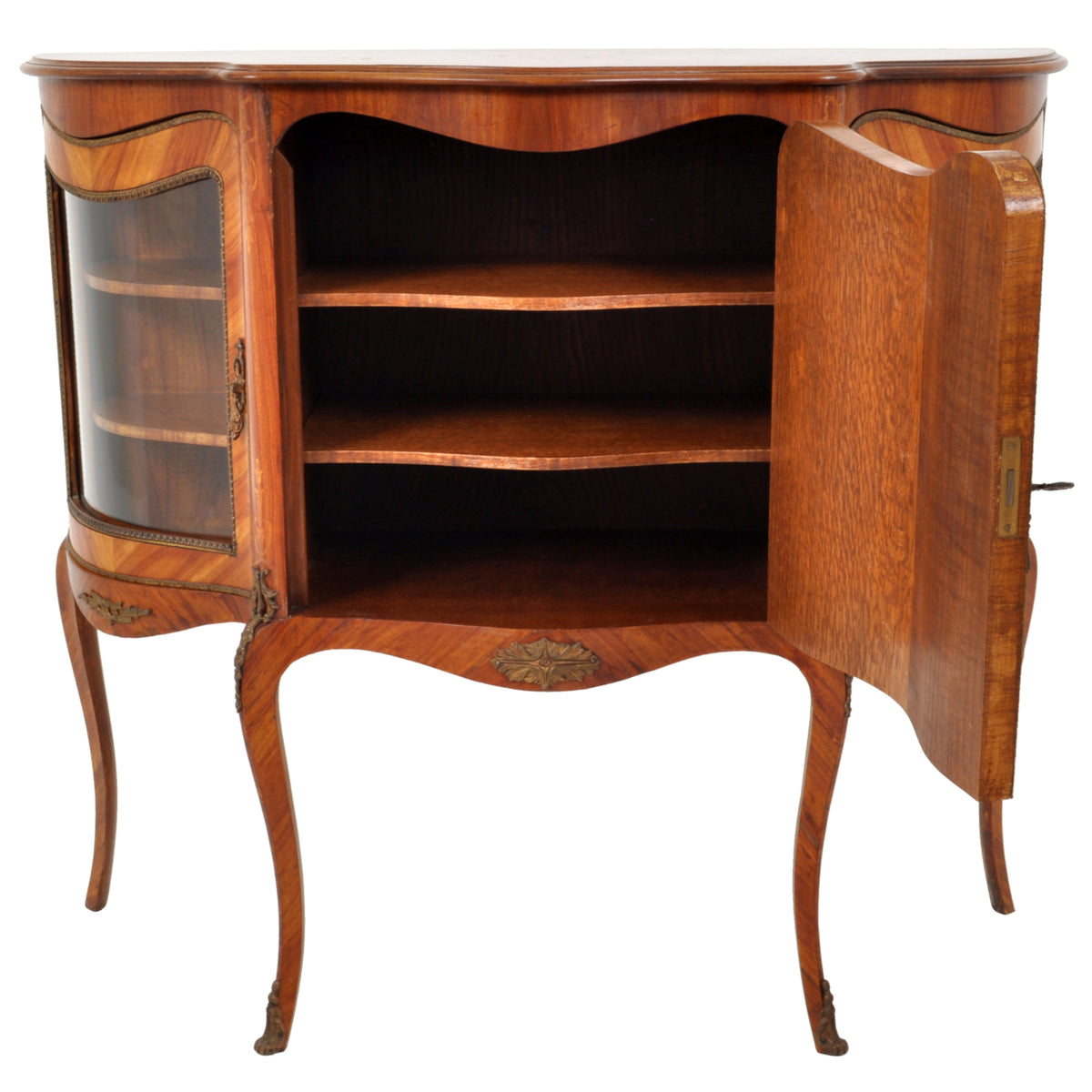 Antique French Louis XV Inlaid Walnut Ormolu Serpentine Display Cabinet / Buffet, circa 1890