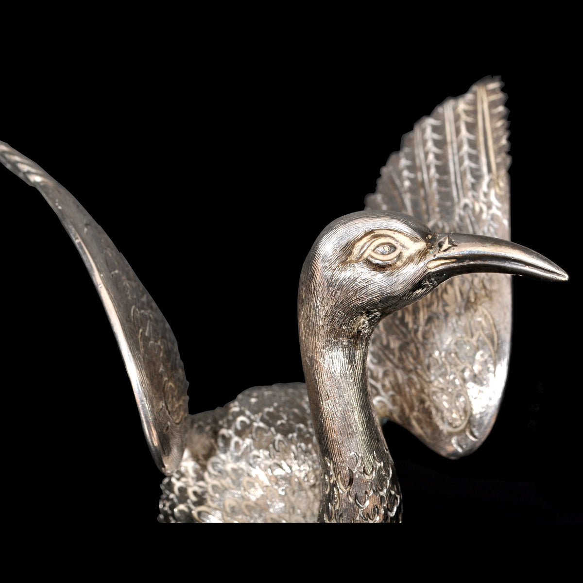 Antique Chinese Engraved Sterling Silver Bird / Heron Sculpture / Statue / Figure, circa 1920