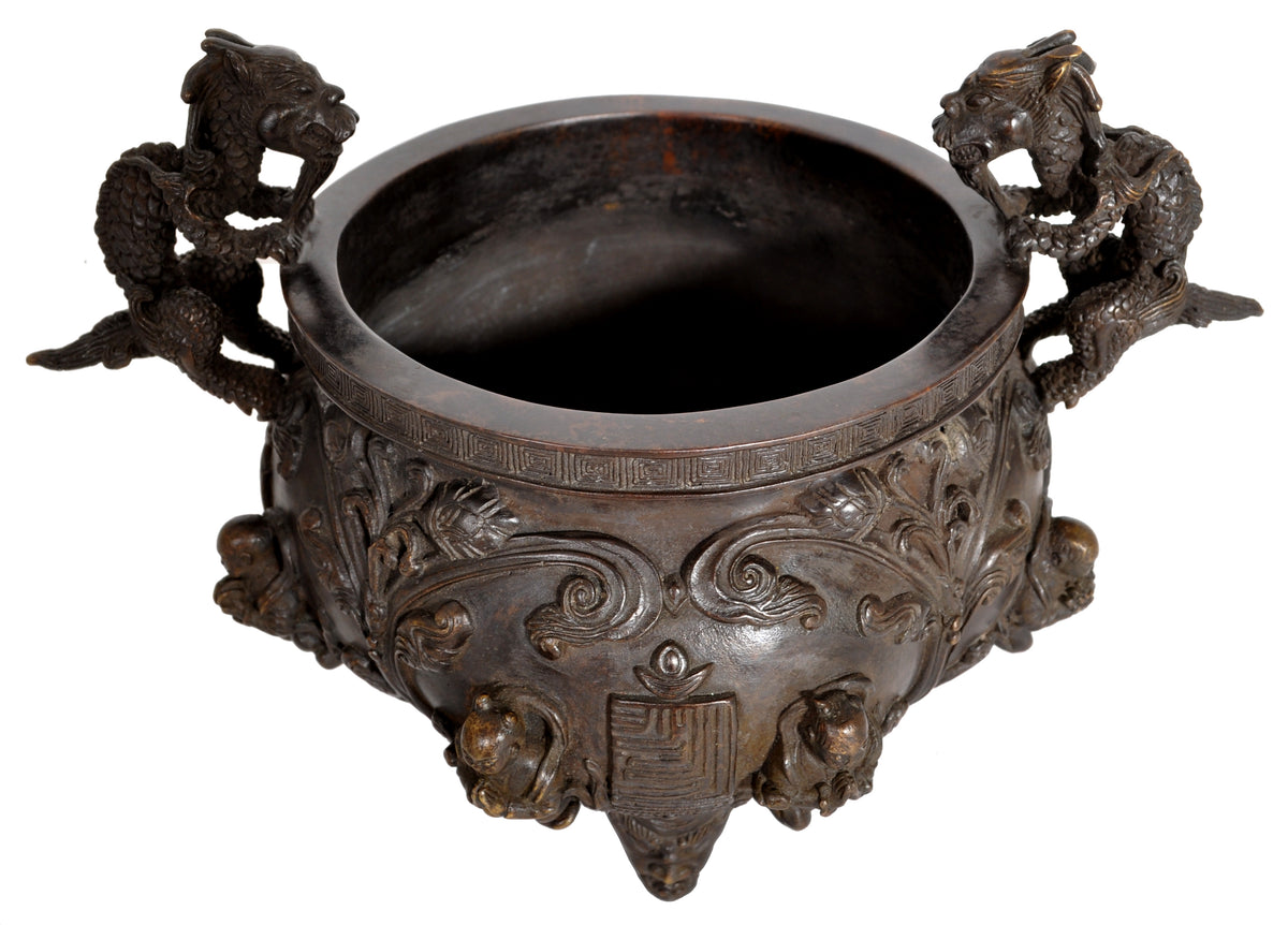 Antique Chinese Bronze Qing Dynasty Buddhistic Dragon Censer / Incense Burner, circa 1800