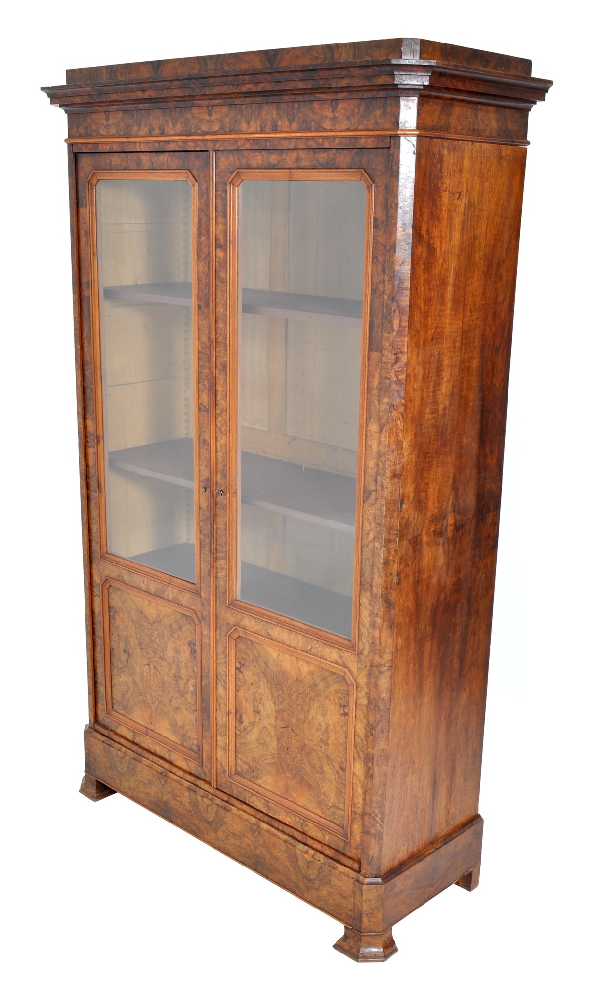 Antique French Louis Philippe Burl Walnut Bookcase / Cabinet, Circa 1830