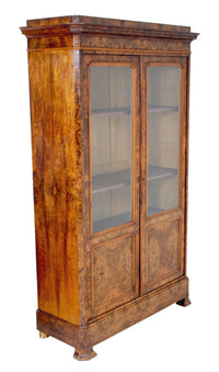 Antique French Louis Philippe Burl Walnut Bookcase / Cabinet, Circa 1830