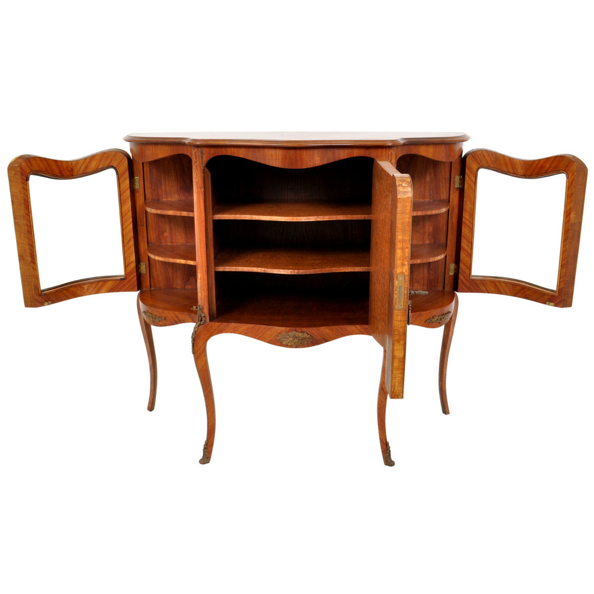 Antique French Louis XV Inlaid Walnut Ormolu Serpentine Display Cabinet / Buffet, circa 1890