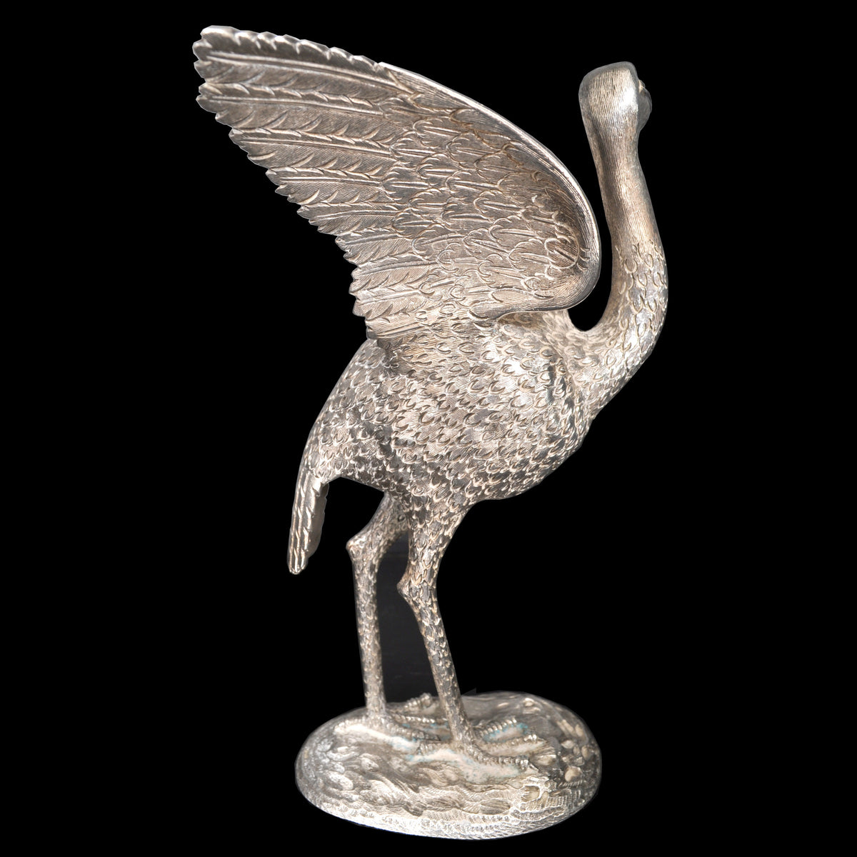 Antique Chinese Engraved Sterling Silver Bird / Heron Sculpture / Statue / Figure, circa 1920