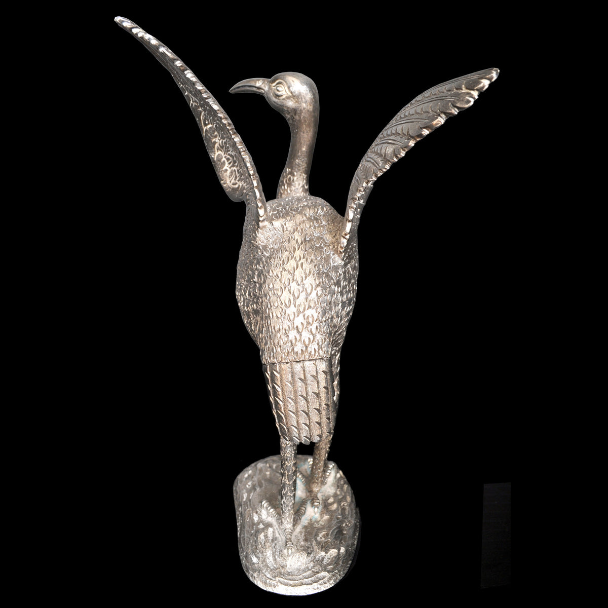 Antique Chinese Engraved Sterling Silver Bird / Heron Sculpture / Statue / Figure, circa 1920