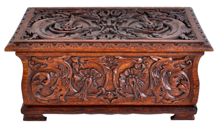 Antique Arts & Crafts Carved Oak Coffer, circa 1900
