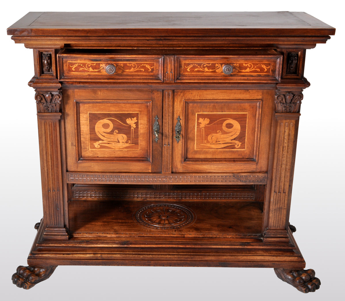 Antique Italian Renaissance Revival Walnut Marquetry Sideboard / Cabinet / Server, circa 1880