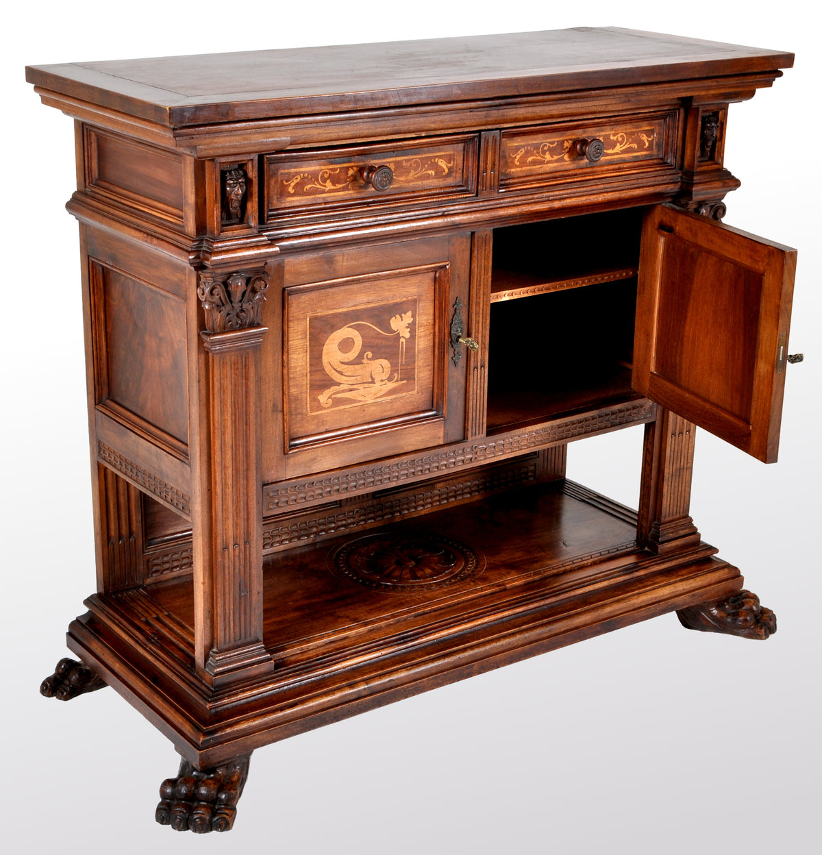 Antique Italian Renaissance Revival Walnut Marquetry Sideboard / Cabinet / Server, circa 1880