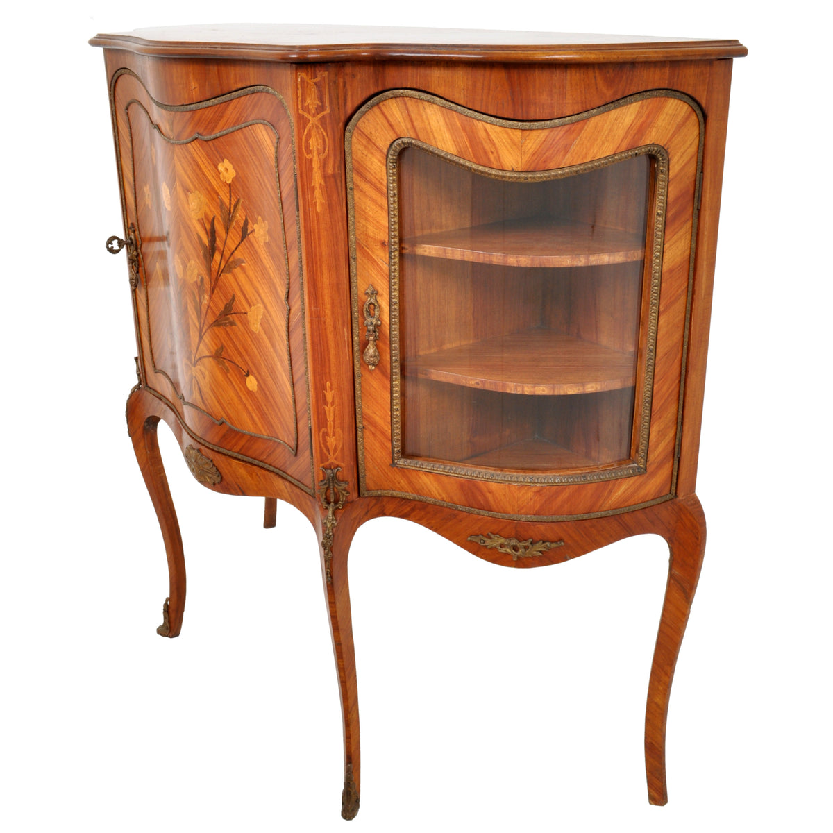 Antique French Louis XV Inlaid Walnut Ormolu Serpentine Display Cabinet / Buffet, circa 1890