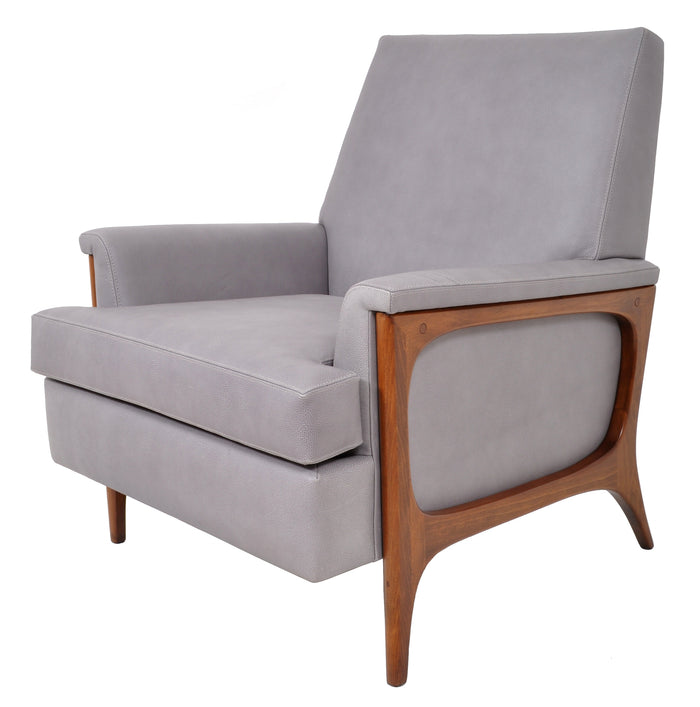 Mid Century Modern Danish Teak Grey Blue Leather Armchair / Chair, 1960s