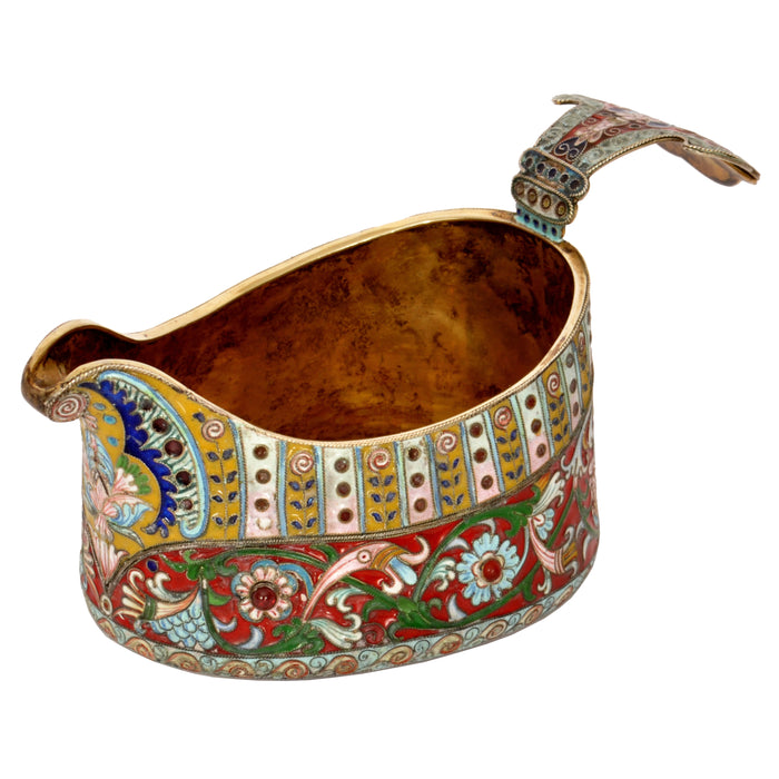 Antique Imperial Russian Silver Gilt Cloisonne Enamel Jeweled Fabergé Kovsh 1908