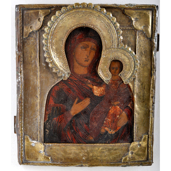 Antique Russian Icon "Mother of God" Egg Tempera on Wooden Panel with Brass Oklad and Riza, Circa 1840
