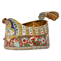 Antique Imperial Russian Silver Gilt Cloisonne Enamel Jeweled Fabergé Kovsh 1908