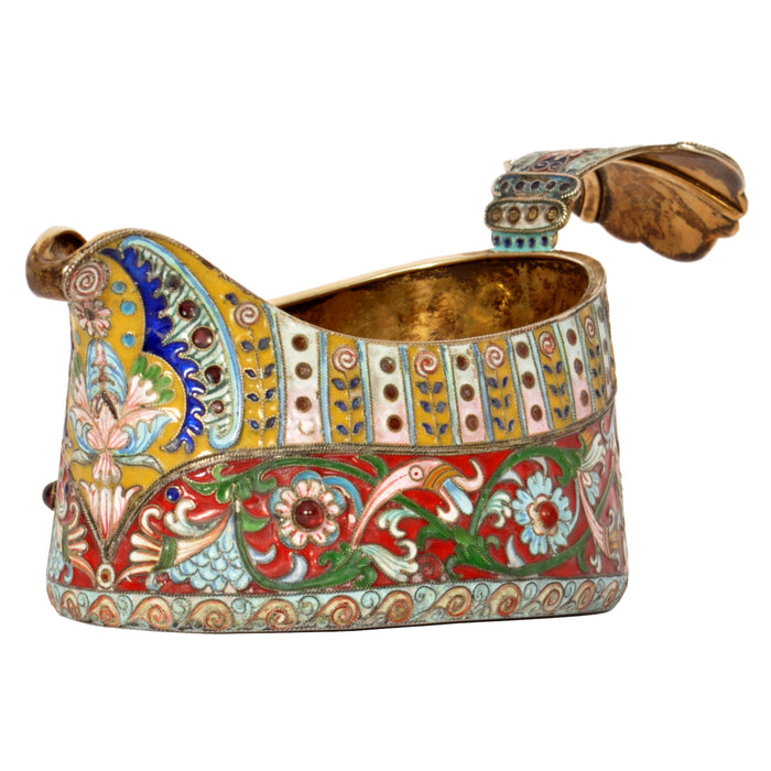 Antique Imperial Russian Silver Gilt Cloisonne Enamel Jeweled Fabergé Kovsh 1908