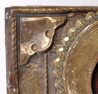 Antique Russian Icon "Mother of God" Egg Tempera on Wooden Panel with Brass Oklad and Riza, Circa 1840