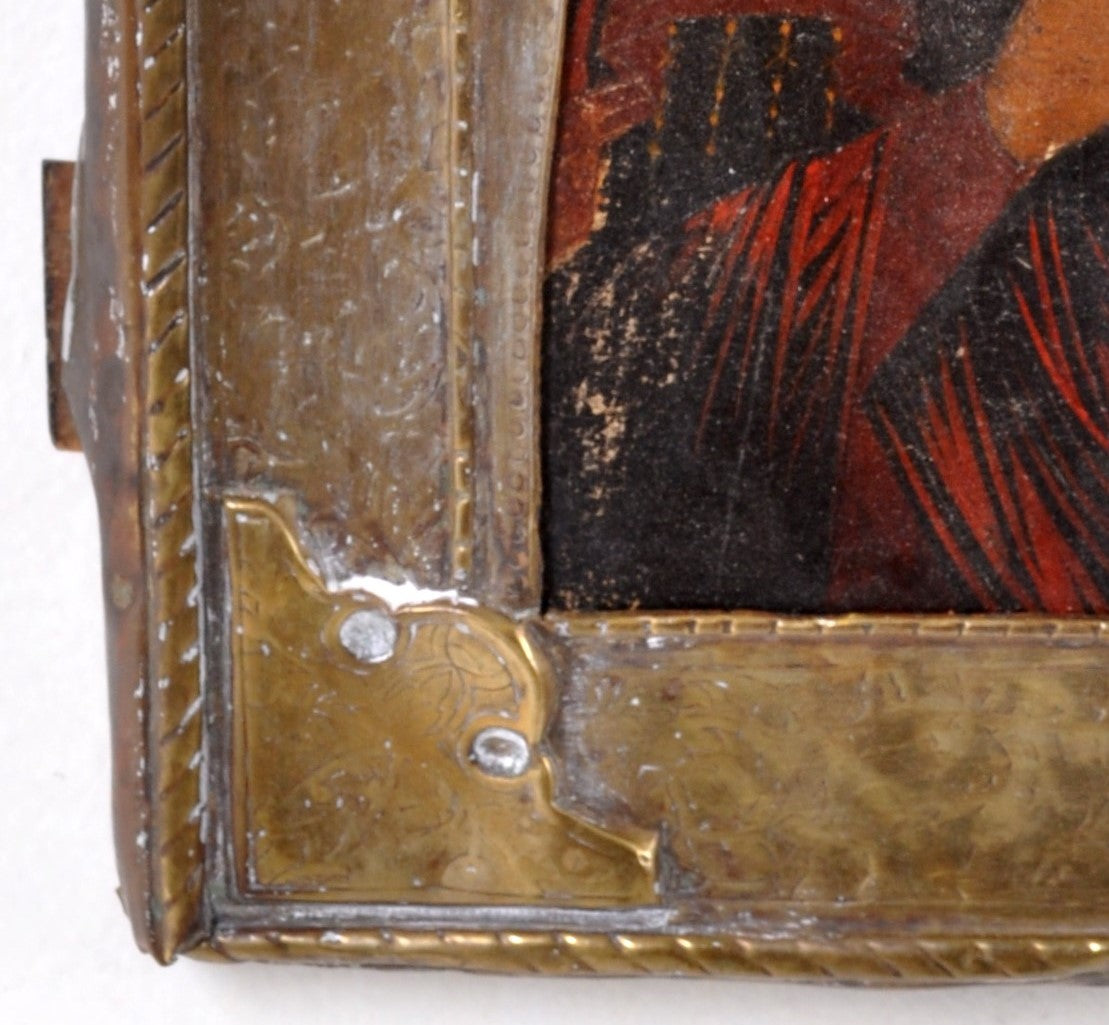 Antique Russian Icon "Mother of God" Egg Tempera on Wooden Panel with Brass Oklad and Riza, Circa 1840