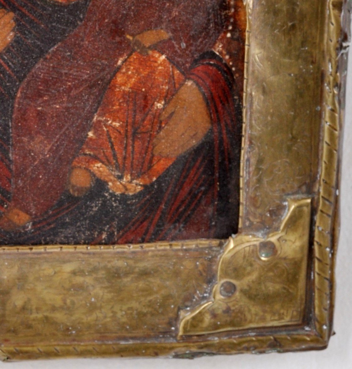 Antique Russian Icon "Mother of God" Egg Tempera on Wooden Panel with Brass Oklad and Riza, Circa 1840
