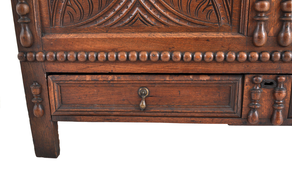 Antique 18th Century English Carved Oak William & Mary Mule Chest / Coffer, Circa 1720