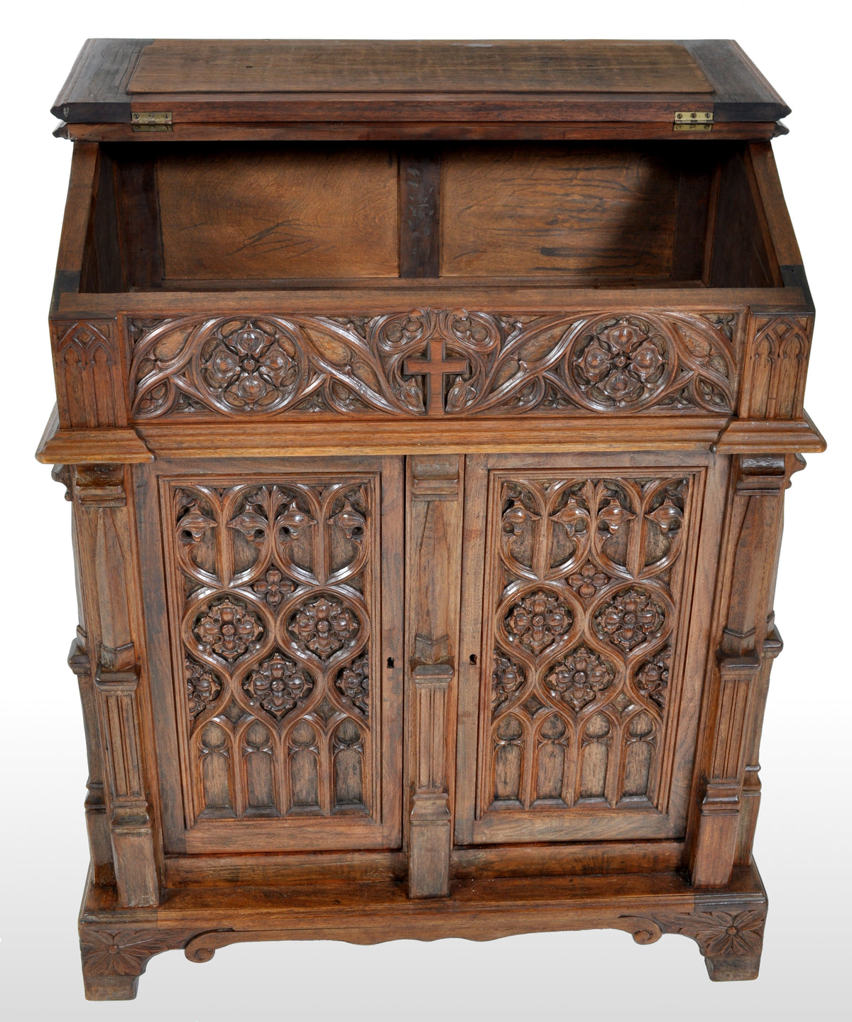 Antique American Gothic Revival Carved Oak Lectern / Cabinet / Desk, circa 1860