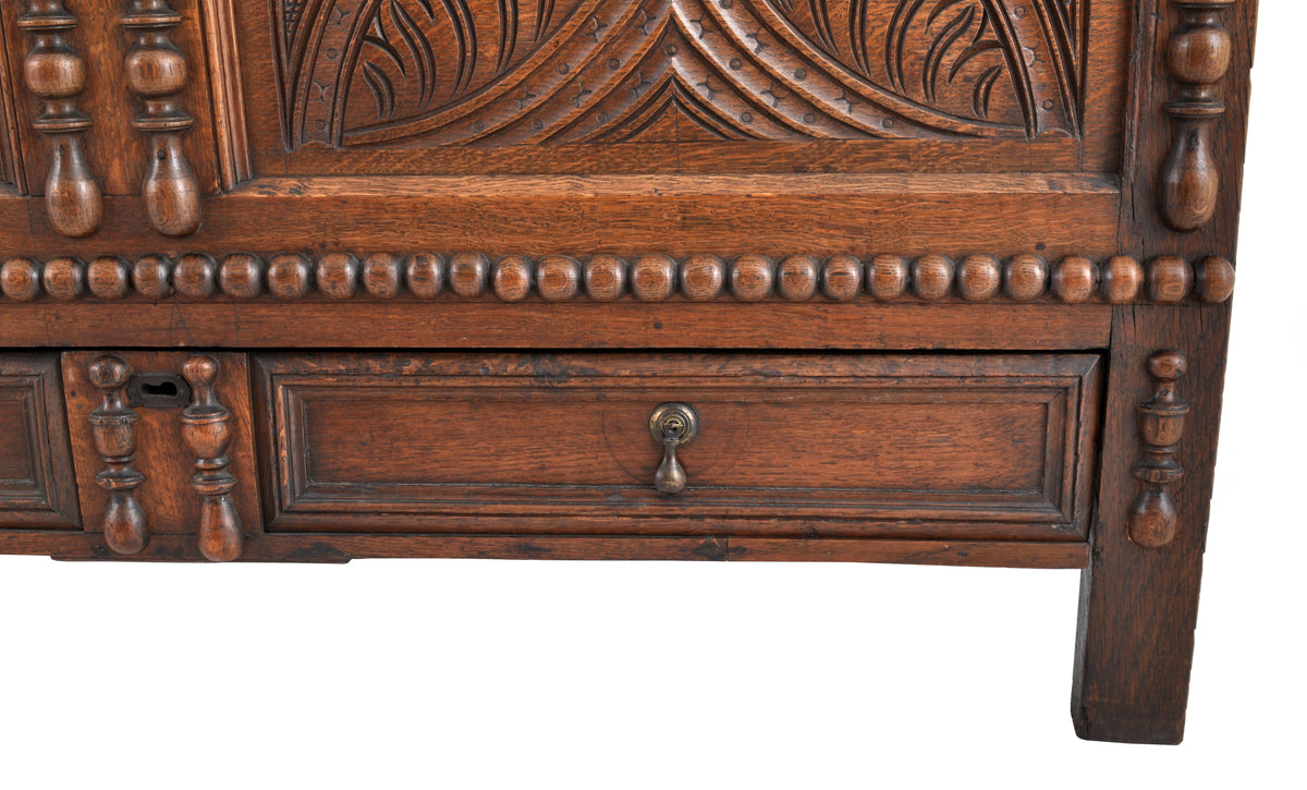 Antique 18th Century English Carved Oak William & Mary Mule Chest / Coffer, Circa 1720