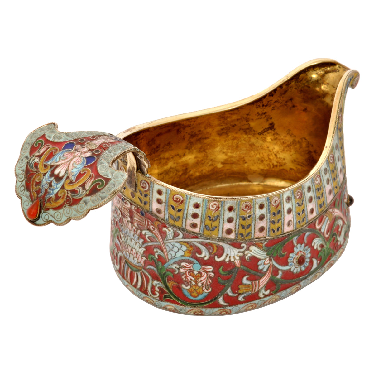 Antique Imperial Russian Silver Gilt Cloisonne Enamel Jeweled Fabergé Kovsh 1908