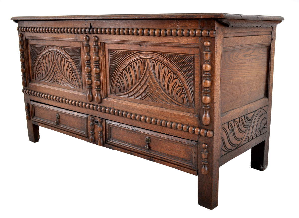 Antique 18th Century English Carved Oak William & Mary Mule Chest / Coffer, Circa 1720