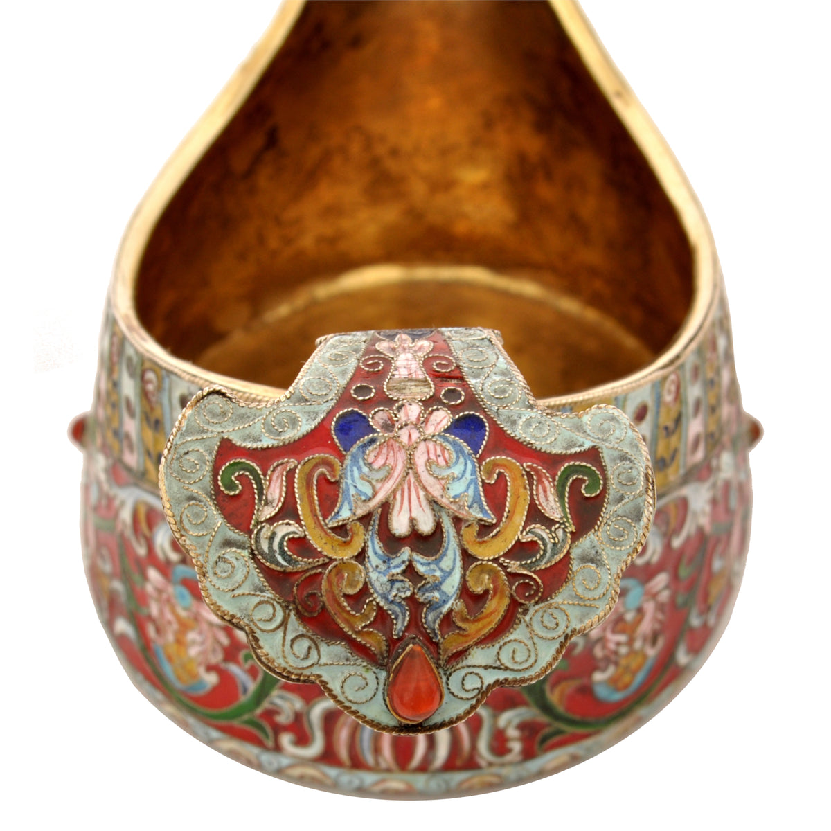 Antique Imperial Russian Silver Gilt Cloisonne Enamel Jeweled Fabergé Kovsh 1908