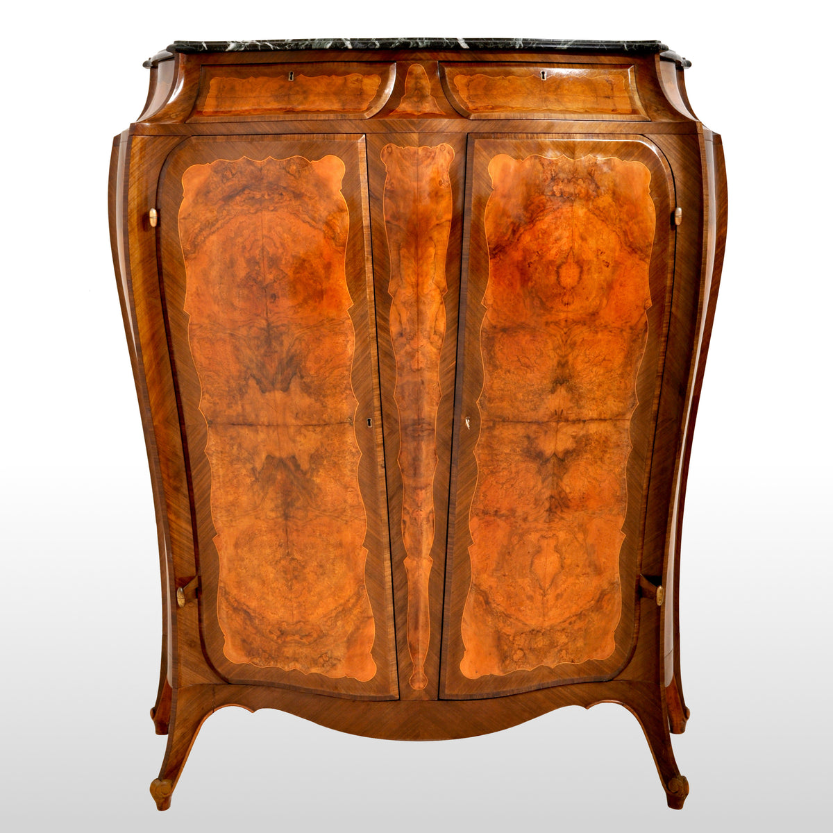Antique French Art Nouveau Louis XV Inlaid Walnut Tall Marble Top Cabinet, circa 1900