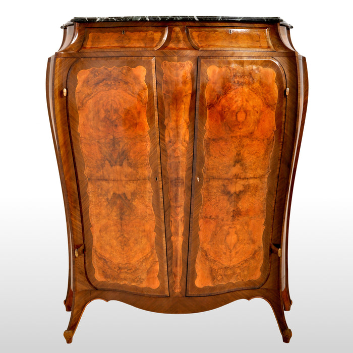 Antique French Art Nouveau Louis XV Inlaid Walnut Tall Marble Top Cabinet, circa 1900