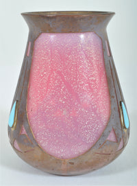 Antique Arts & Crafts Glass Vase with Metal Mounts, Frederic Carder, Circa 1905