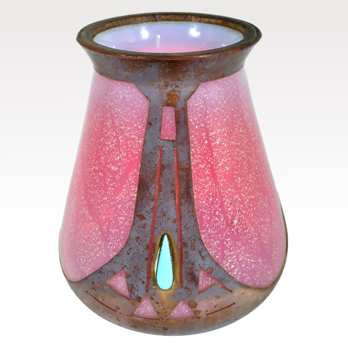 Antique Arts & Crafts Glass Vase with Metal Mounts, Frederic Carder, Circa 1905