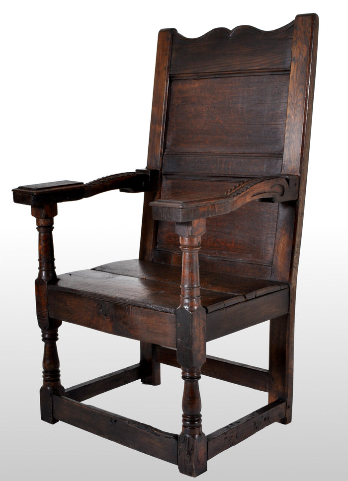 Antique English Oak Jacobean Commonwealth Period Wainscot Armchair, circa 1650