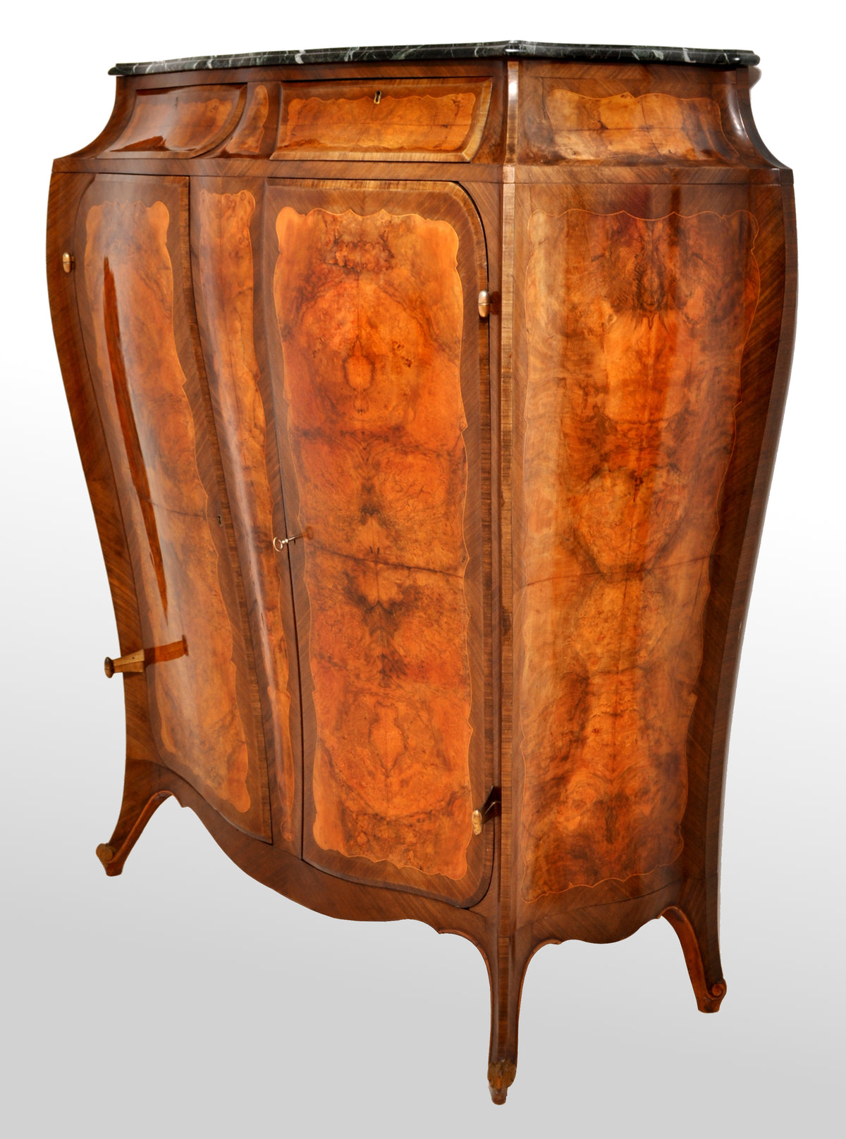 Antique French Art Nouveau Louis XV Inlaid Walnut Tall Marble Top Cabinet, circa 1900