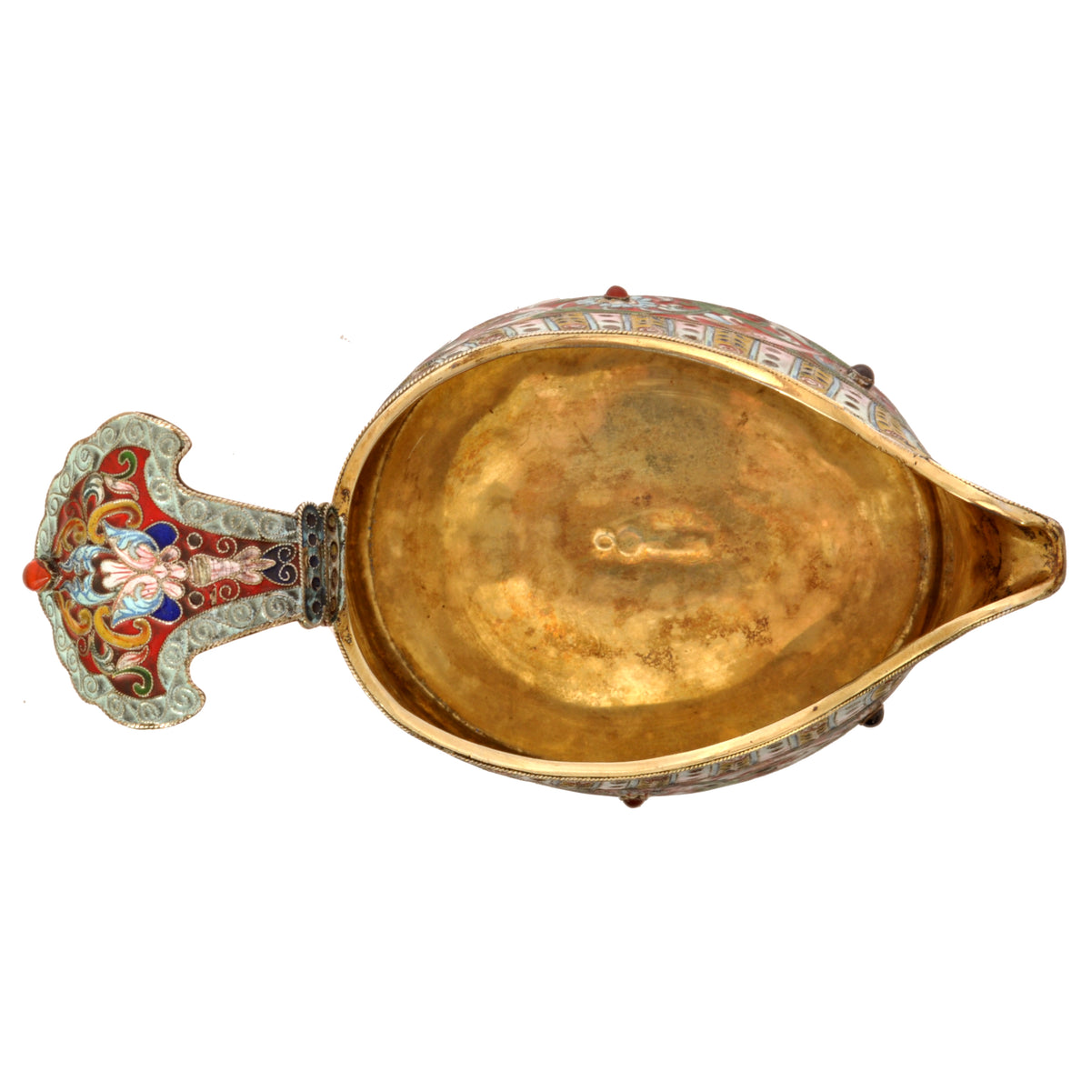 Antique Imperial Russian Silver Gilt Cloisonne Enamel Jeweled Fabergé Kovsh 1908