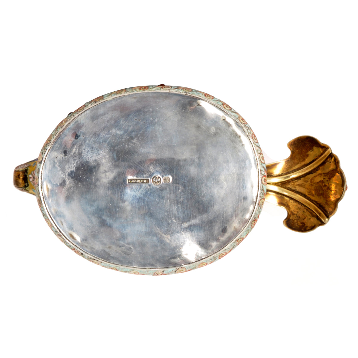 Antique Imperial Russian Silver Gilt Cloisonne Enamel Jeweled Fabergé Kovsh 1908