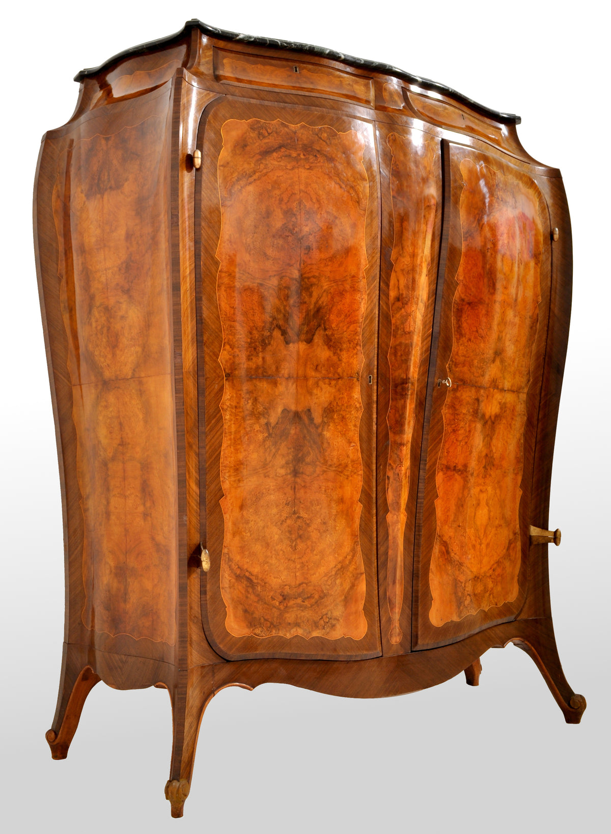 Antique French Art Nouveau Louis XV Inlaid Walnut Tall Marble Top Cabinet, circa 1900