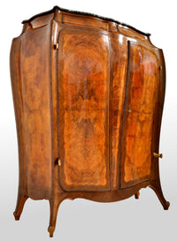 Antique French Art Nouveau Louis XV Inlaid Walnut Tall Marble Top Cabinet, circa 1900