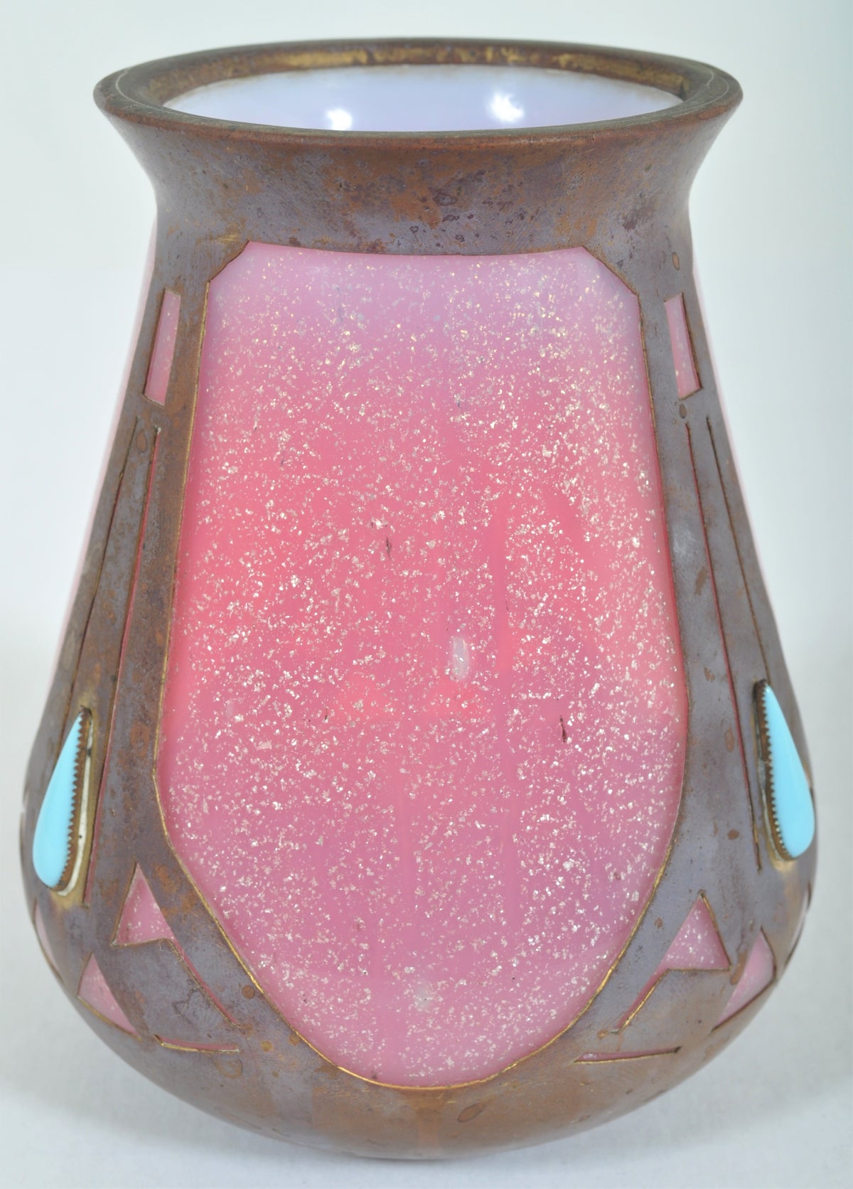 Antique Arts & Crafts Glass Vase with Metal Mounts, Frederic Carder, Circa 1905